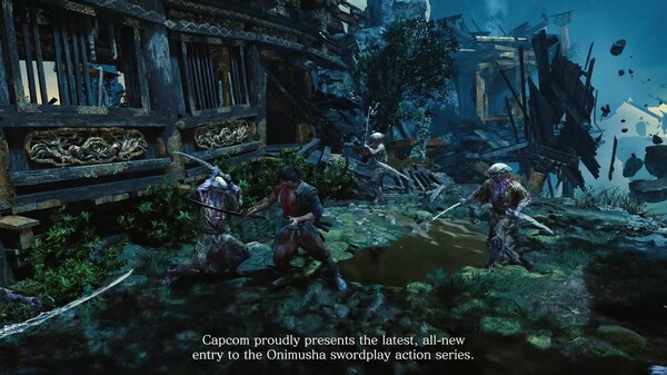 Combat against Genma in a flooded village of Onimusha: Way of the Sword, the kind of scene used for repeatable benchmark runs.