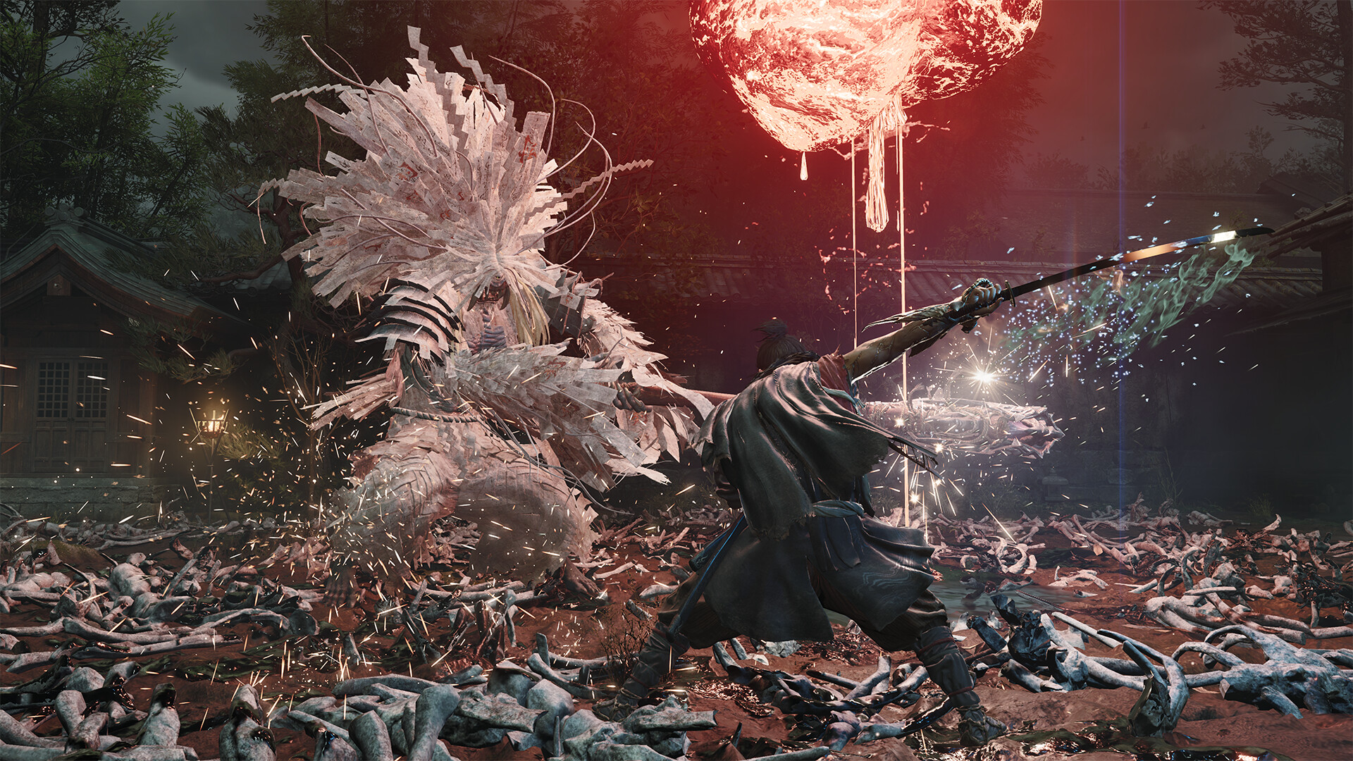 Onimusha: Way of the Sword combat scene with Musashi clashing against a towering Genma.