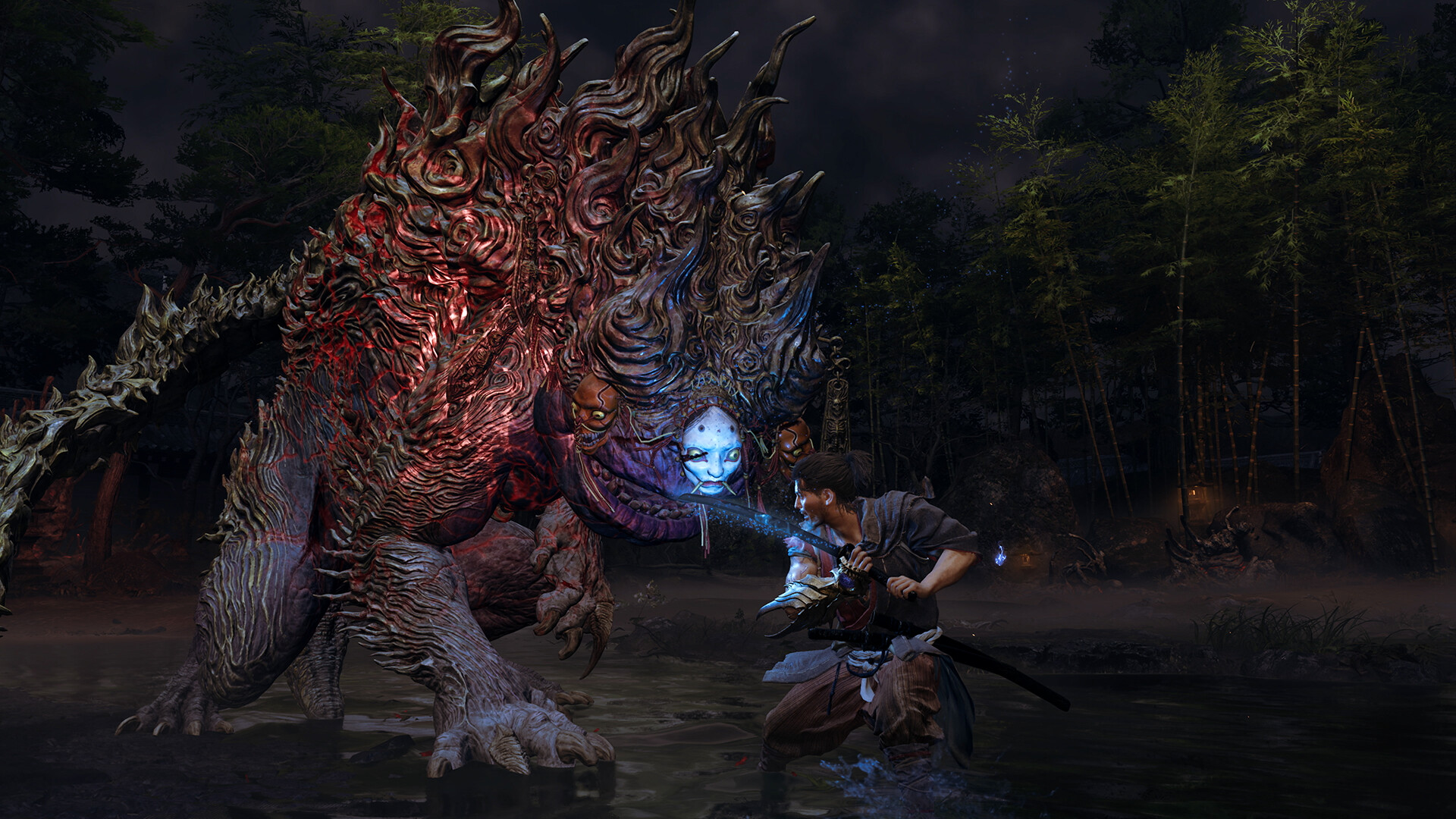 Onimusha: Way of the Sword showing Musashi facing a massive armored Genma in a bamboo grove.