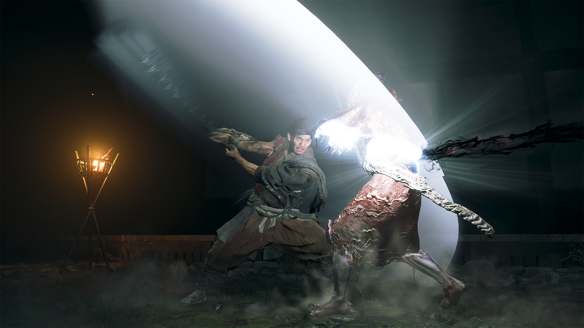 Onimusha: Way of the Sword showing Miyamoto Musashi striking a Genma with his sword.
